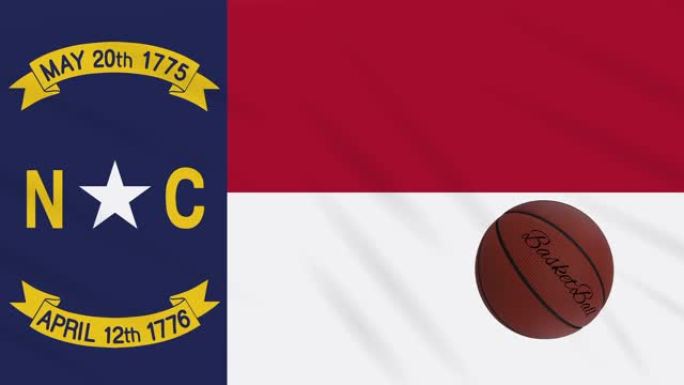 北卡罗莱纳州的旗帜挥舞和篮球旋转，循环