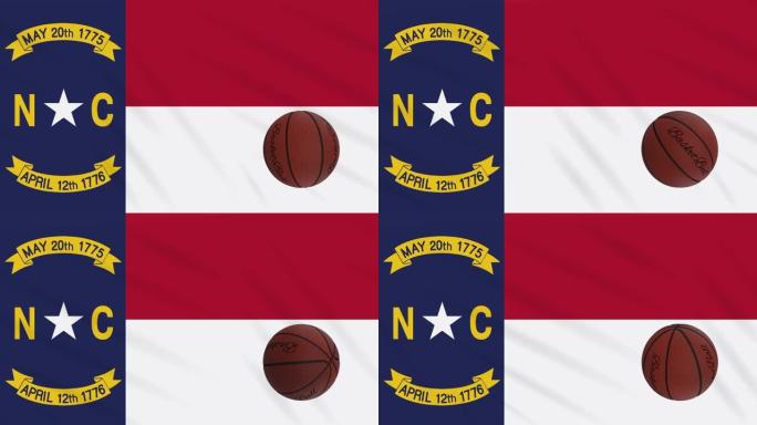 北卡罗莱纳州的旗帜挥舞和篮球旋转，循环