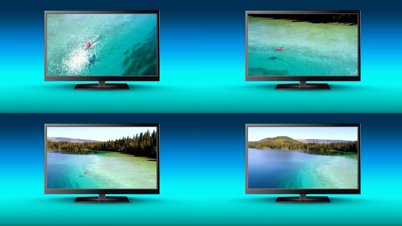 屏幕上有湖泊的高清平板电视