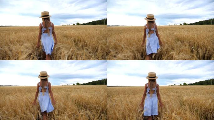 在阴天，跟着戴草帽的小女孩走过麦田。可爱的孩子，长长的金发抚摸着金色的庄稼耳朵。穿着裙子的小孩在大麦