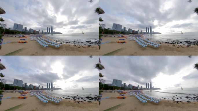 多云的早晨夏天海云台海滩，釜山，韩国，亚洲