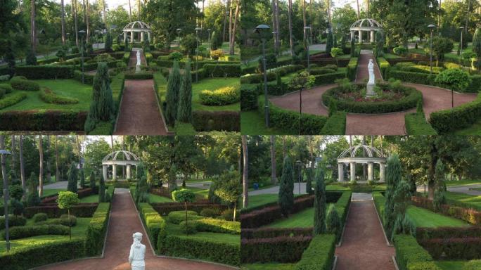 布坎城市公园中心的4k航空摄影法国花园。主题艺术的杰作。