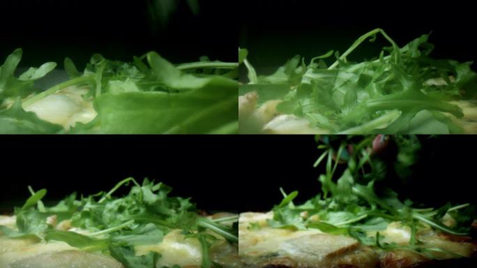 披萨上火箭的4k极端特写微距拍摄