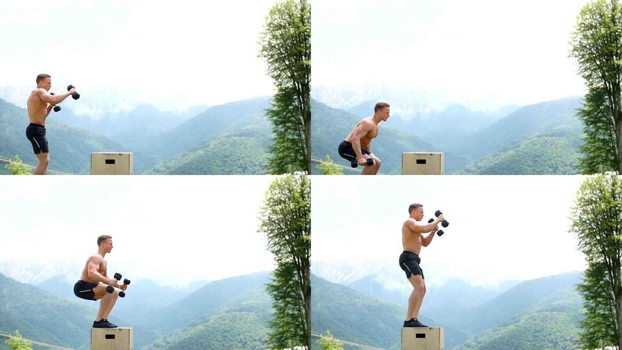 男子跳高运动员做爆发力跳跃，综合健身健身锻炼