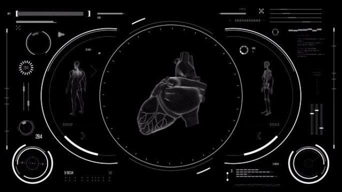 人体心脏扫描。具有HUD和信息图表元素的未来医学用户界面。虚拟技术背景。用于商业，游戏，运动设计，w