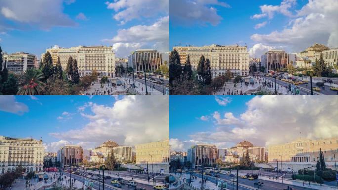 时间流逝-雅典，希腊，宪法广场，人，车，云