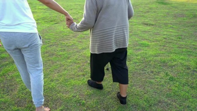 女人的慢动作牵着老妇的手在公园里散步