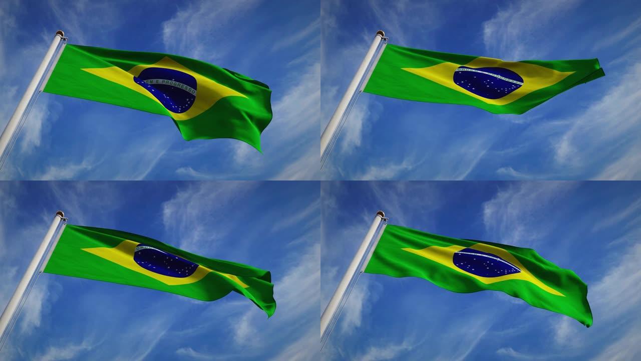 巴西国旗在旗杆上飘扬庆祝巴西国家庆典- 30fps 4k慢动作视频