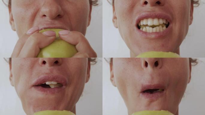 女人吃苹果，健康饮食，特写嘴唇