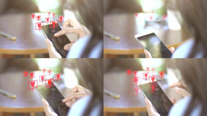 女人在咖啡馆使用智能手机，在社交媒体上发短信。