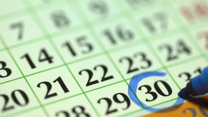 每月30日至30日。女人用蓝色记号笔标记日历日期。商务挂历规划器和组织者