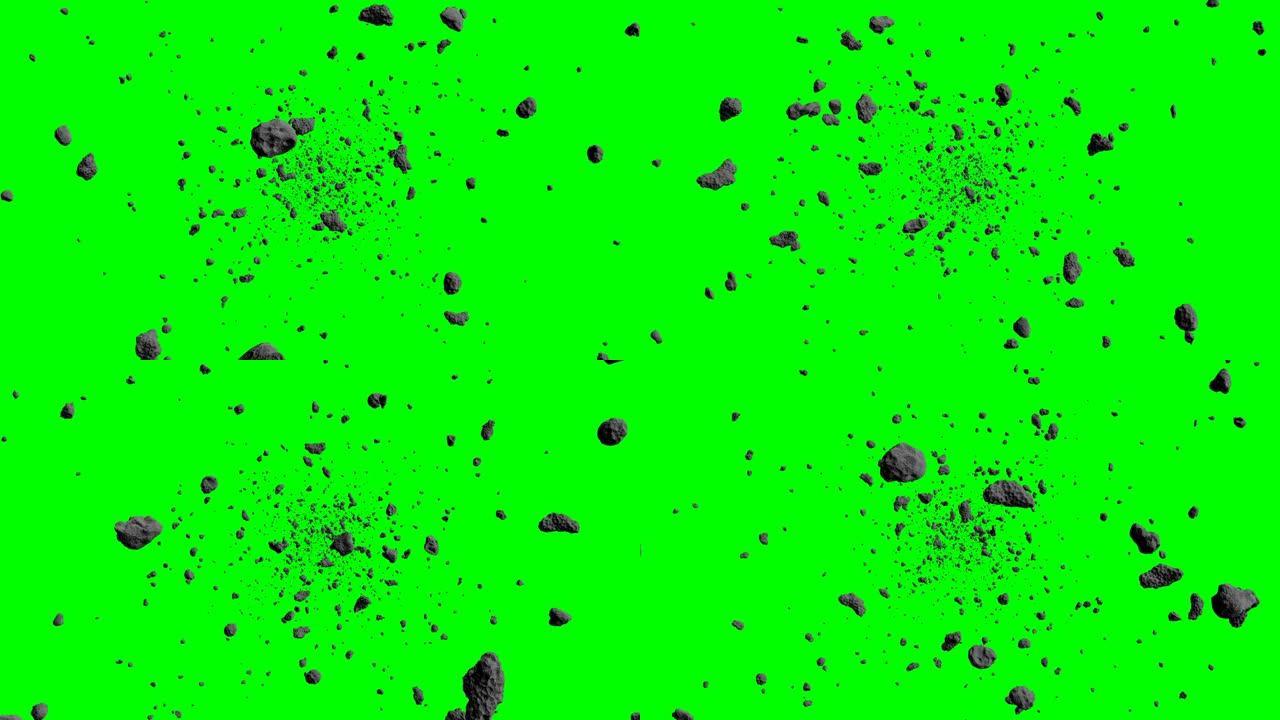 小行星场飞过，科幻太空场景，孤立在绿屏背景上，4k循环