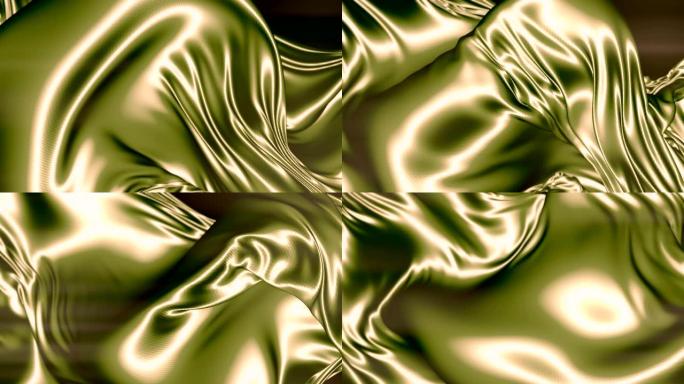 闪亮的金属布飞舞。抽象金色背景奢华布或波浪形褶皱奢华背景设计。3d渲染。4K，超高清分辨率