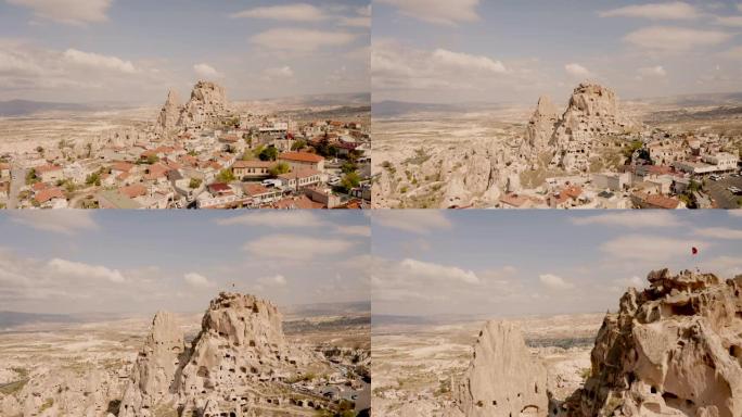 土耳其卡帕多西亚。著名的乌奇萨尔城堡。4k无人机射击