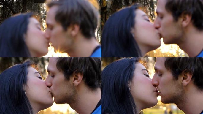 散焦的年轻恋人在公园接吻。浪漫，激情，吸引力