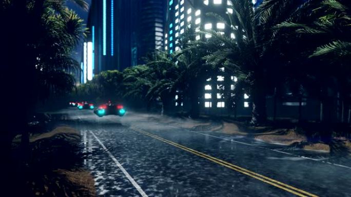 未来派科幻飞行汽车飞越夜间潮湿的高速公路，穿过夜城。未来的概念。