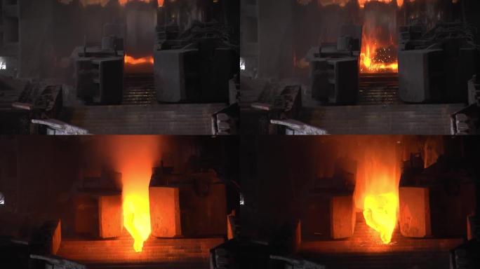 新鲜铸造热金属板或钢轨。金属轧机的输送线。冶金厂输送机上的热钢轨