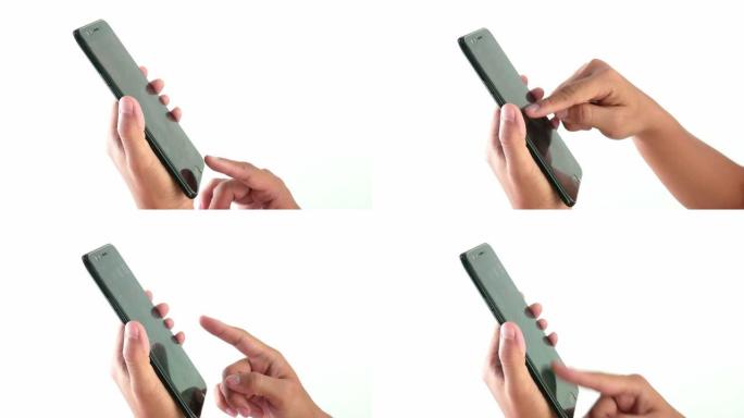 在智能手机上使用触摸屏的女人的特写手，隔离在白色背景上。