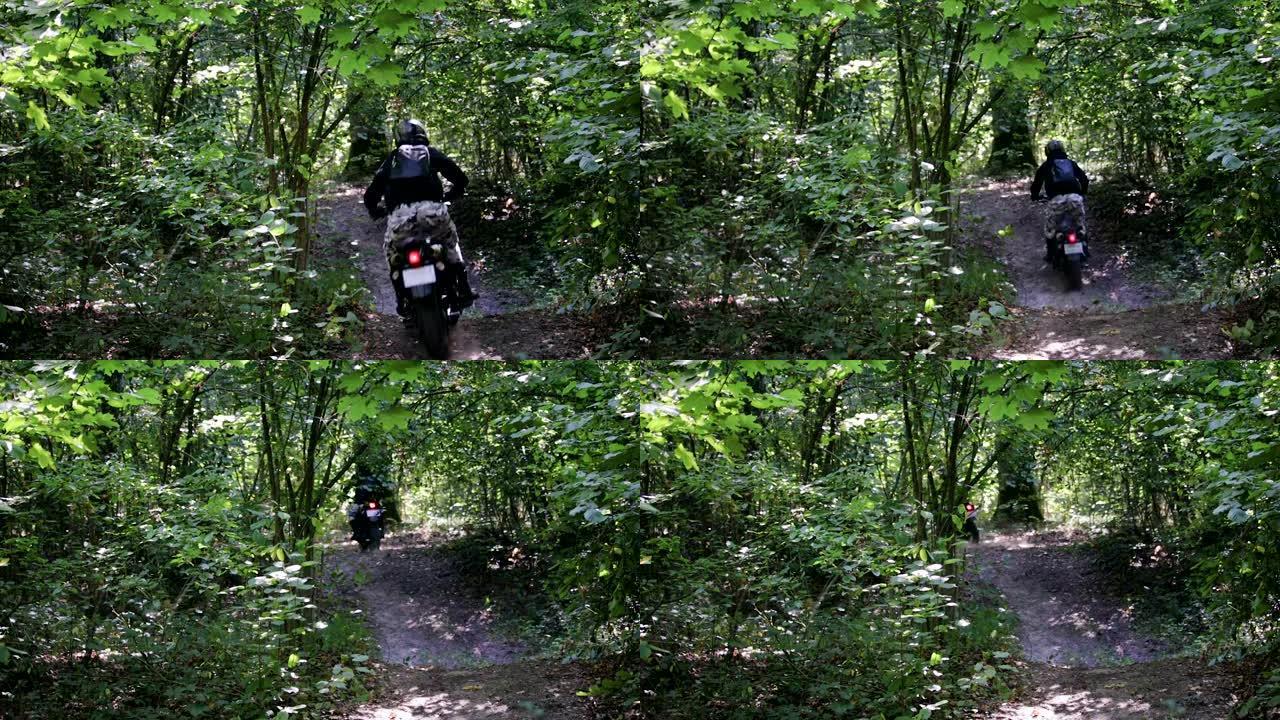 戴着头盔的防护装备的男子在树木和树枝之间的森林小径上骑着极黑的耐力赛