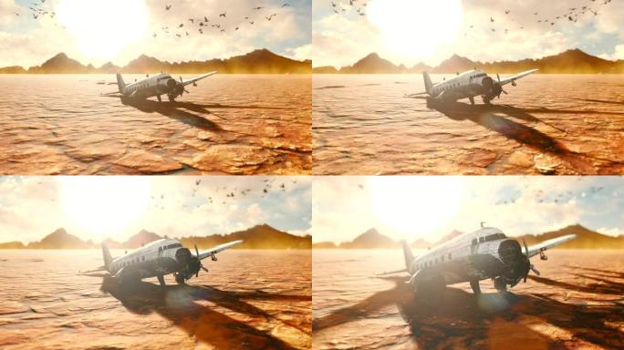 坠毁的飞机在沙漠中。炎热沙漠的世界末日景观。