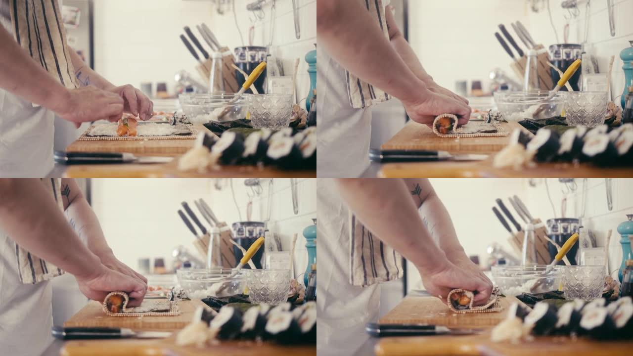 日本男子rolling maki sushi (慢动作)