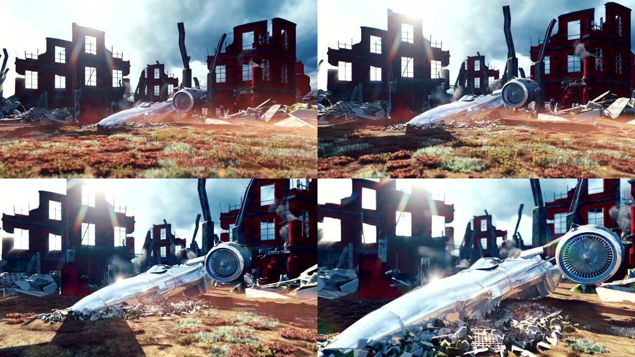 一艘坠毁的宇宙飞船在一个世界末日后的废墟城市。启示录的概念。逼真的动画。