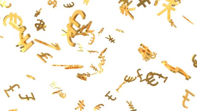 闪亮的金色世界货币标志在慢动作3D动画中坠落-4k无缝循环运动背景动画