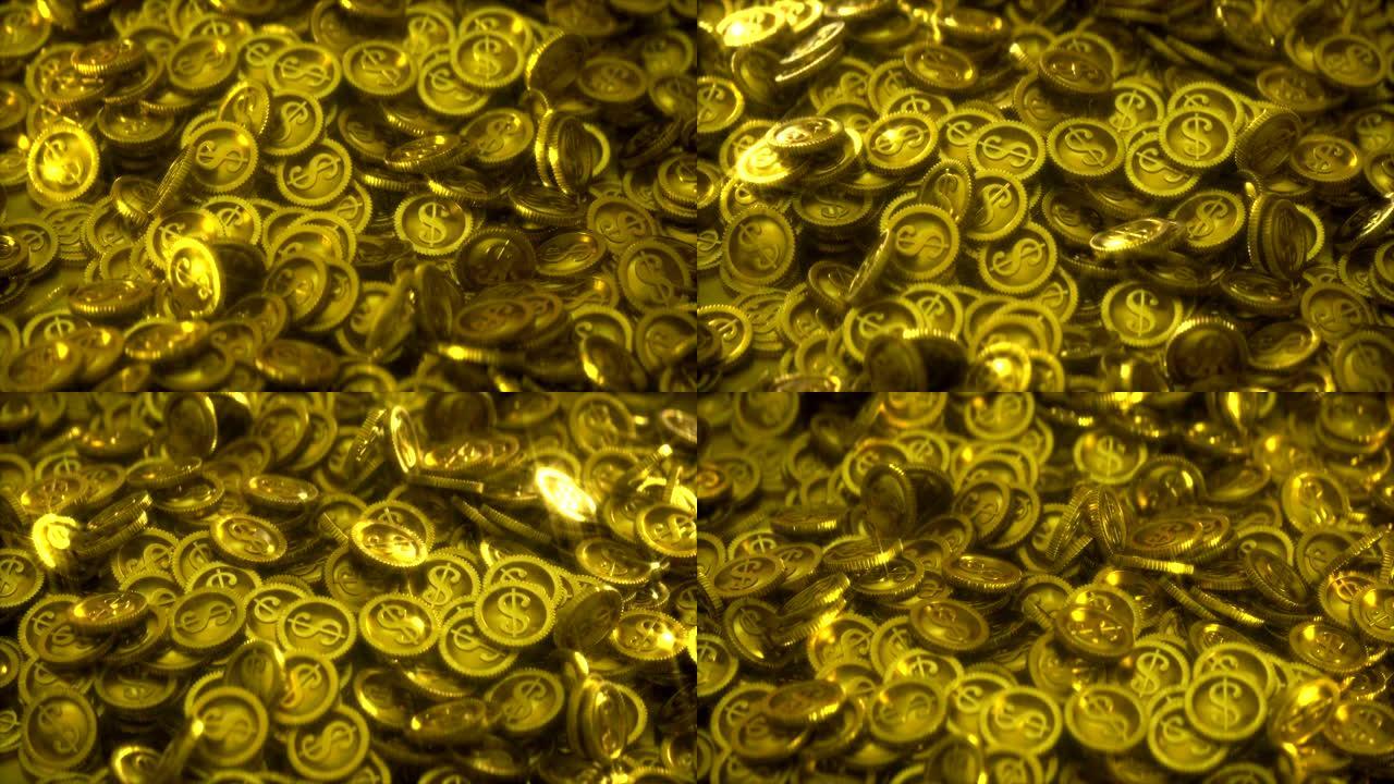 一堆金币光亮3D渲染无缝循环动画