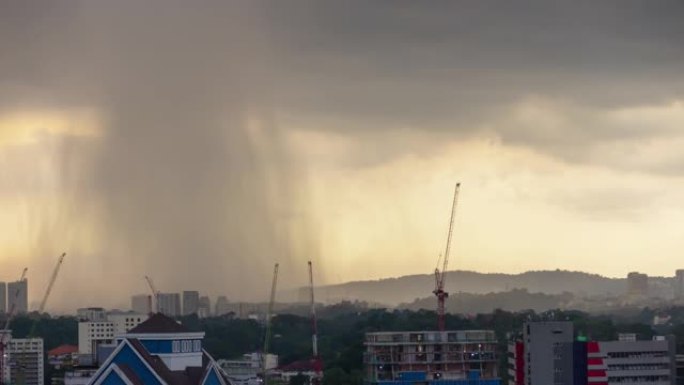 日落天空雨吉隆坡城市景观市中心建筑屋顶全景4k延时马来西亚