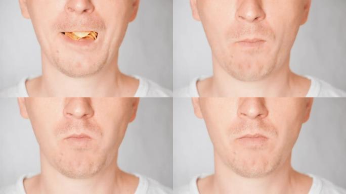 下脸高加索男性吃薯条