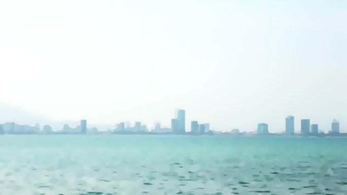 摩天大楼剪影在雾和海模糊的背景视频过渡。阴霾笼罩着地平线上的大海和城市摩天大楼。合成视频素材的背景。