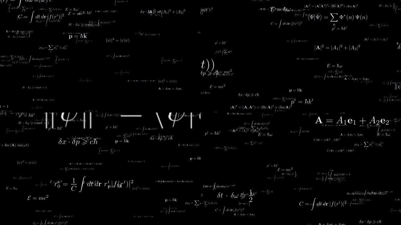 复杂的数学公式无缝镜头。黑板上的代数计算。物理学和几何学理论。科学研究和发现。数学方程浮动循环动画