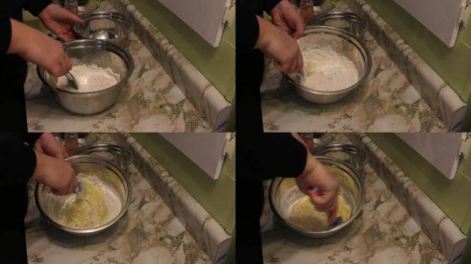 制作饼干烹饪视频序列，显示配料的搅拌和混合