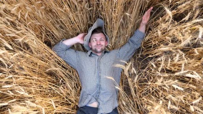 年轻农民躺在小麦茎上，在谷物田里休息的俯视图。快乐的男性农艺师躺在大麦茎上，在大麦草地上放松。农业商