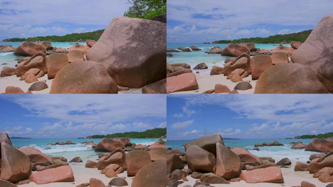 安塞拉齐奥热带海滩，典型的花岗岩岩层和棕榈树在Praslin岛，花岗岩塞舌尔，印度洋群岛国家