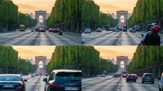 凯旋门和巴黎香榭丽舍大道的交通-4k时间流逝