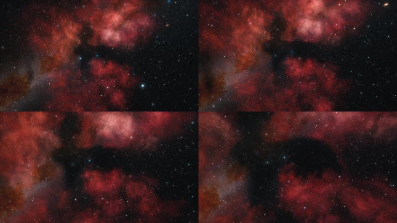 宇宙飞船在太空中的红色星云附近飞行。银河系中的数十亿颗恒星。美丽的星星簇。