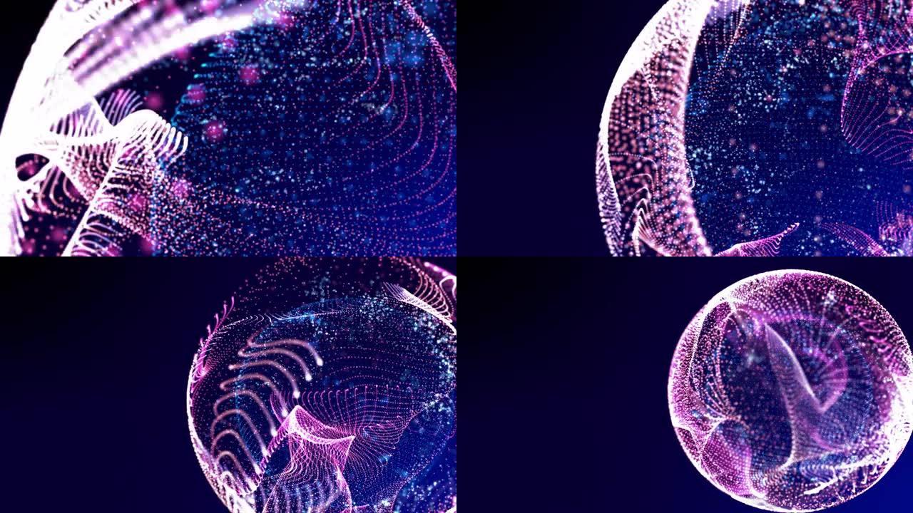 能量动力数字创新数据传输，霓虹灯彩色点速度线光路在舞台上与刺眼的网络空间背景。霓虹bokeh模糊全球