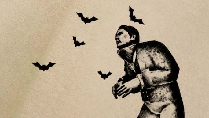 吸血鬼德古拉和古老风格的飞行蝙蝠