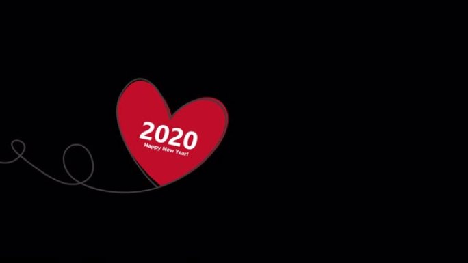 新年快乐2020，连画线中的心形气球和连续画线中的扁平风格的毛刺红心。具有Alpha (透明背景) 