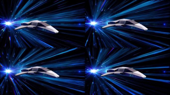 美丽的宇宙飞船抽象动画在超空间跳跃飞行穿越外层空间。动画。未来飞船的3d动画