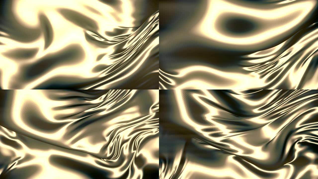 闪亮的金属布飞舞。抽象金色背景奢华布或波浪形褶皱奢华背景设计。3d渲染。4K，超高清分辨率