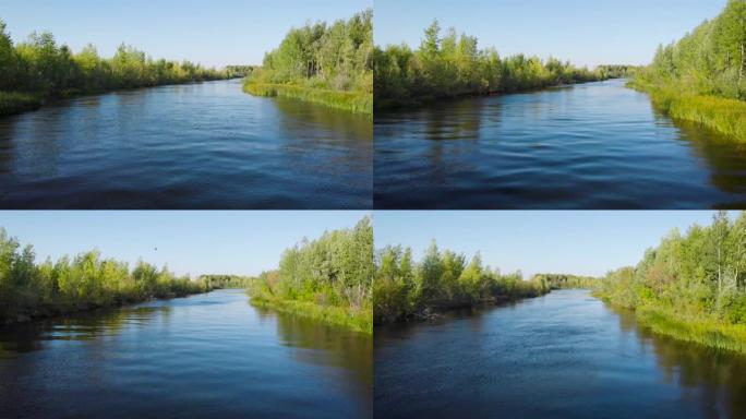 空中射击。河流和蓝天的夏季景观。美丽的河谷溢出物。密西西比景观