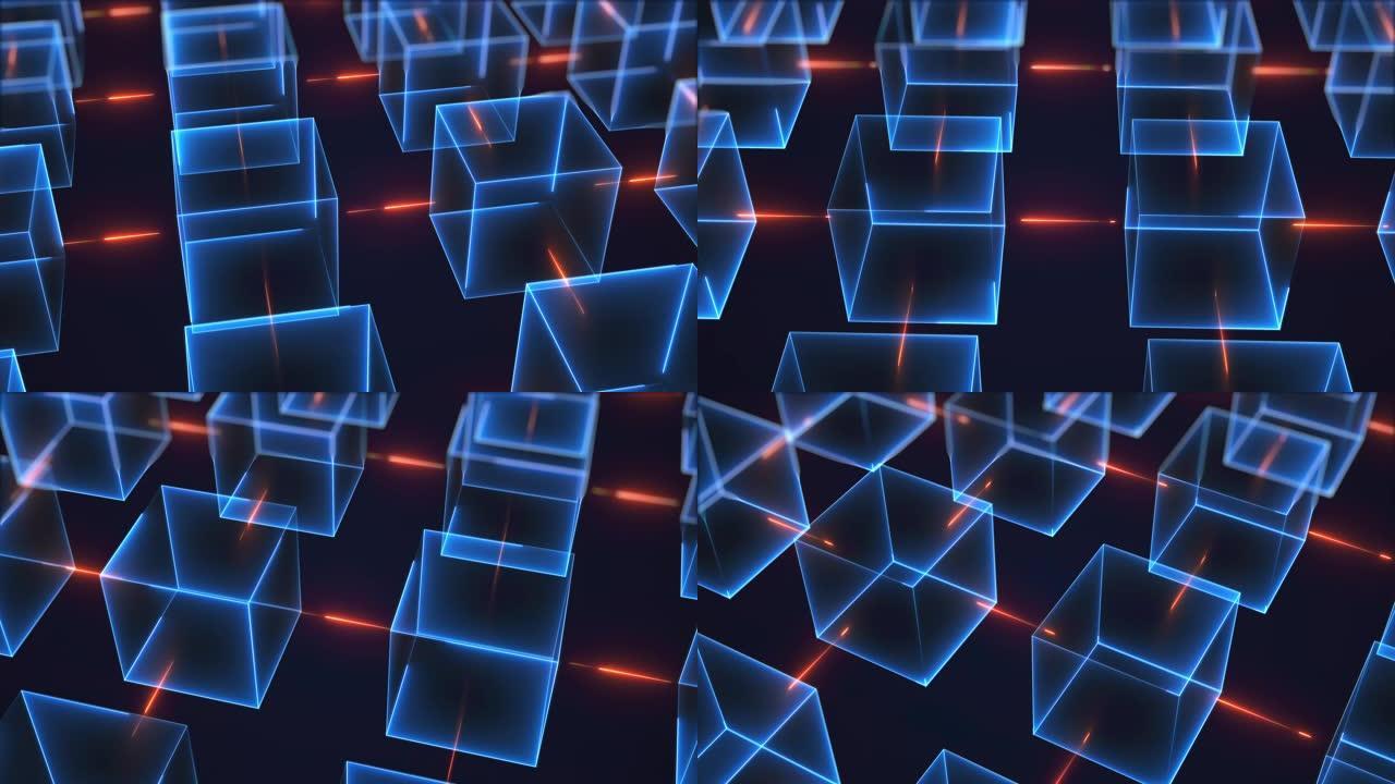 许多霓虹灯立方体的连接结构。计算机生成的等距背景，3d渲染