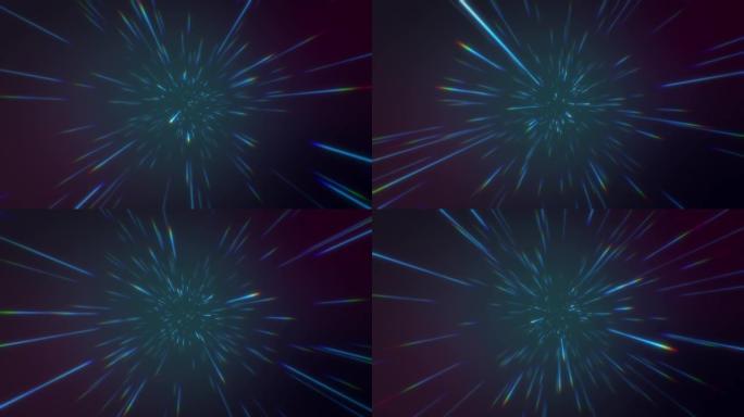4k抽象创意宇宙背景。超级跳进另一个星系。光速快，霓虹灯发光光线在运动。五颜六色的爆炸，大爆炸。星光