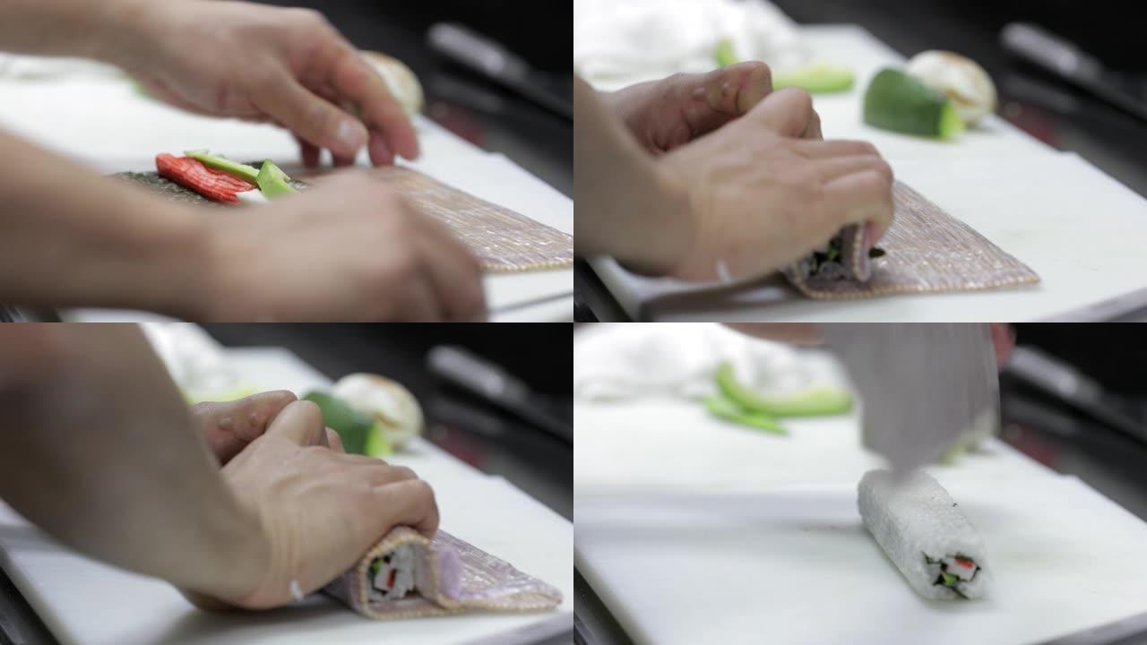 厨师在餐垫上准备寿司卷