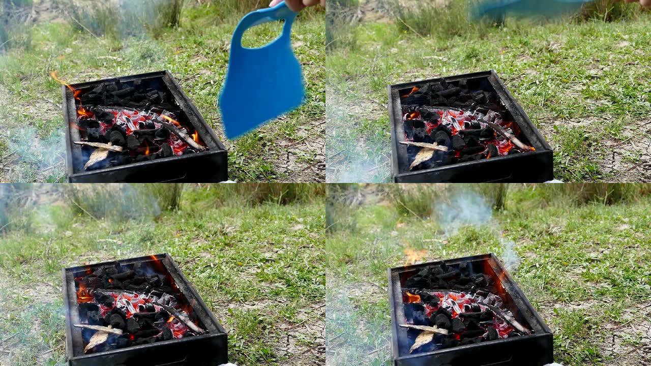 准备烧烤火，烧烤和火焰，火燃烧烧烤，木炭，燃烧火盆的重要木炭，