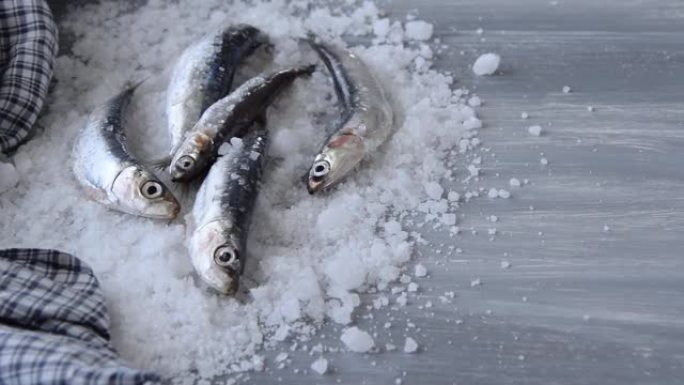 用盐准备凤尾鱼。健康的生海鲜