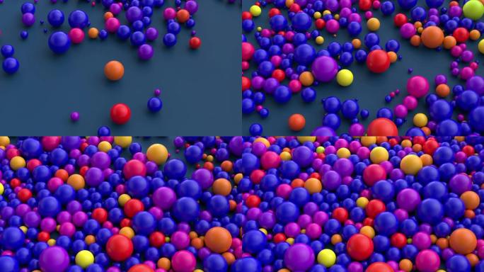 蓝色平坦表面的渲染，由充满活力的蓝色、红色、紫色和黄色球覆盖