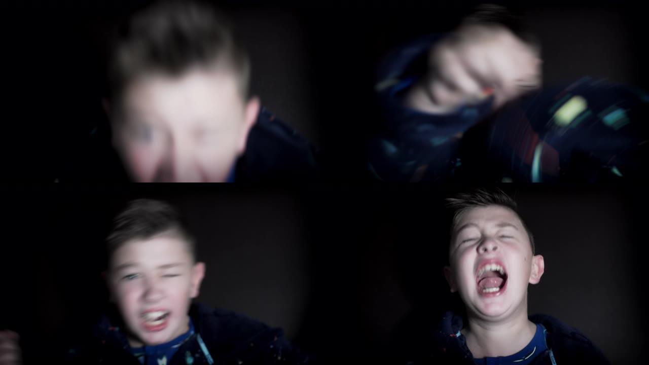 4k拍摄一个男孩大喊疯狂和愤怒